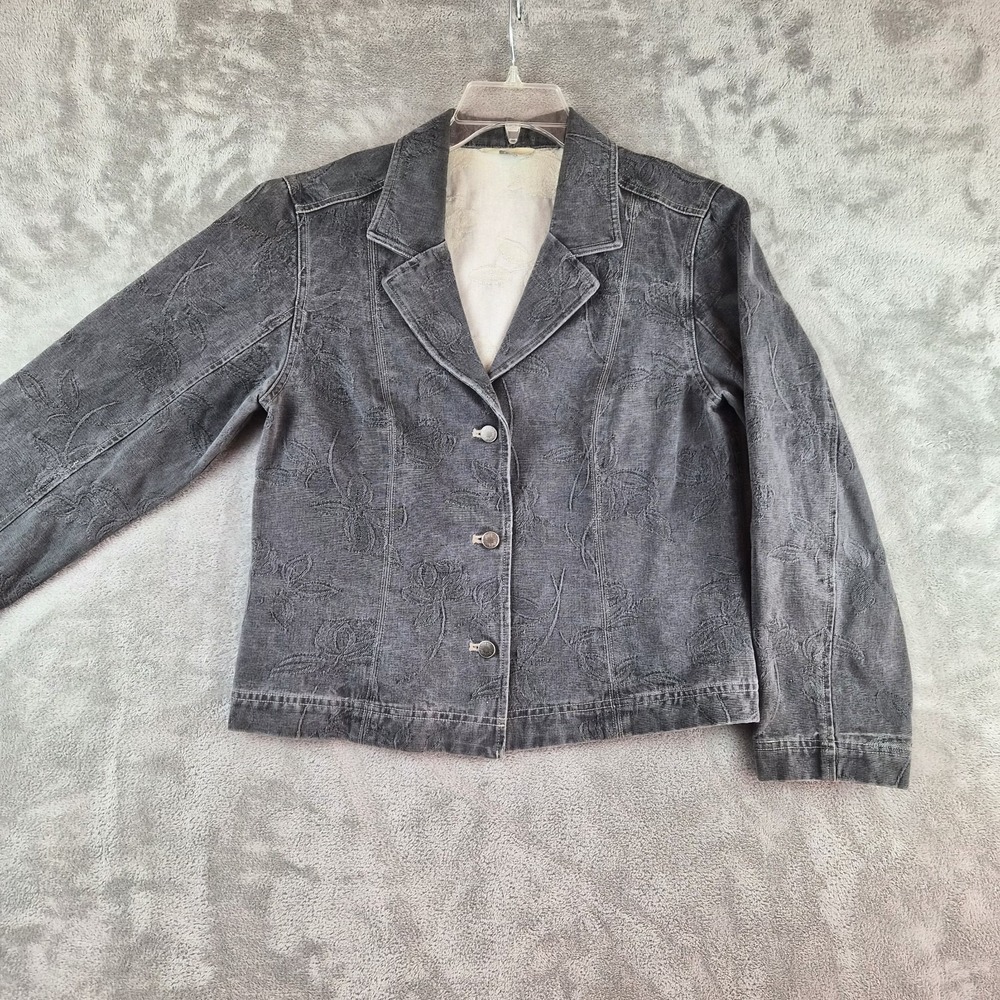 Vintage J Jill Denim Blazer Womens Grey Floral Jacquard Button Front Boho Artsy